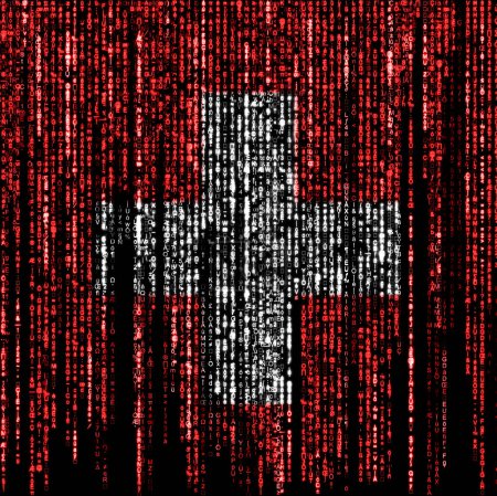 Flag of Switzerland on a computer binary codes falling from the top and fading away.