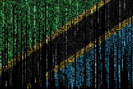 Foto de Bandera de Tanzania en un ordenador códigos binarios que caen desde la parte superior y se desvanecen. - Imagen libre de derechos