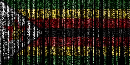 Flag of Zimbabwe on a computer binary codes falling from the top and fading away.