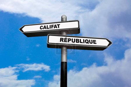 Zwei Richtungsschilder, eines zeigt nach links und das andere nach rechts, in denen auf Französisch geschrieben steht: Kalifat / Republik, was auf Englisch bedeutet: Kalifat / Republik.