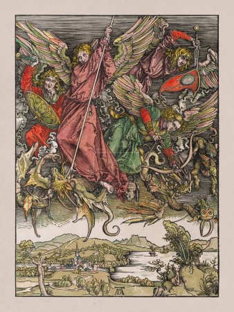 Illustration des Heiligen Michael im Kampf gegen den Drachen, gezeichnet von Albrecht Dürer im Jahr 1498.