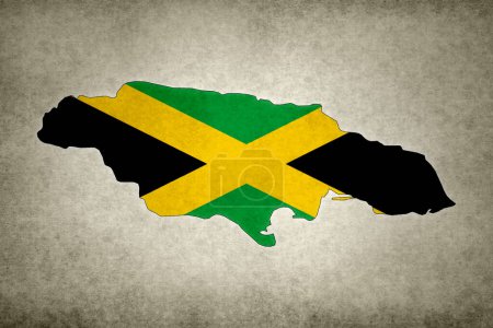 Grunge map of Jamaica with its flag printed within its border on an old paper.