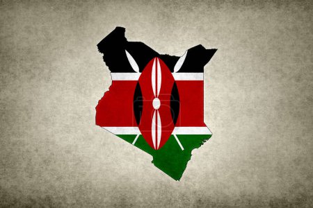 Grunge map of Kenya with its flag printed within its border on an old paper.