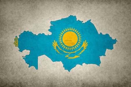 Mapa grunge de Kazajstán con su bandera impresa dentro de su frontera en un papel viejo.