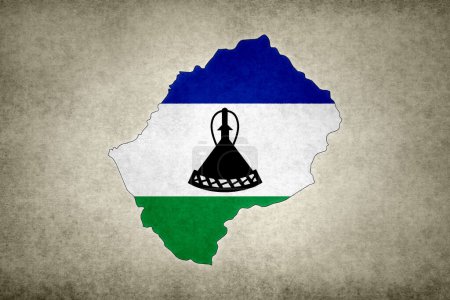 Mapa grunge de Lesotho con su bandera impresa dentro de su borde en un papel viejo.