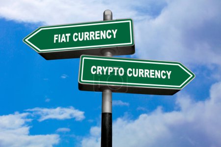 Zwei Richtungsschilder, eines zeigt nach links (Fiat-Währung), und das andere nach rechts (Kryptowährung)).