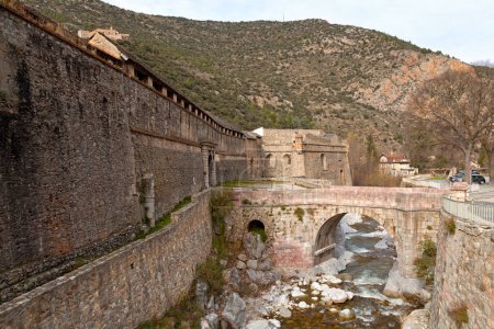 Fortified walls of the village of Villefranche-de-Conflent in the department of Pyrenees-Orientales, in the region of Occitanie.