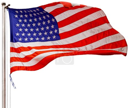 Primer plano de una bandera americana recortada ondeando en el aire.