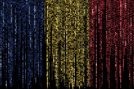 Flagge Rumäniens auf einem Computer Binärcodes fallen von der Spitze und verblassen.