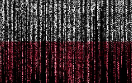 Téléchargez les photos : Drapeau de la Pologne sur un ordinateur codes binaires tombant du haut et disparaissant. - en image libre de droit