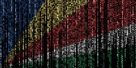 Flagge der Seychellen auf einem Computer Binärcodes fallen von oben und verblassen.