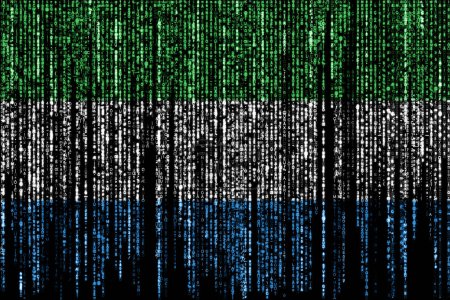 Foto de Bandera de Sierra Leona en un ordenador códigos binarios que caen desde la parte superior y se desvanecen. - Imagen libre de derechos