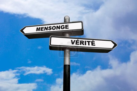 Zwei Richtungsschilder, eines zeigt nach links und das andere nach rechts, in denen auf Französisch geschrieben steht: Mensonge / Verite, was auf Englisch bedeutet: Lüge / Wahrheit.