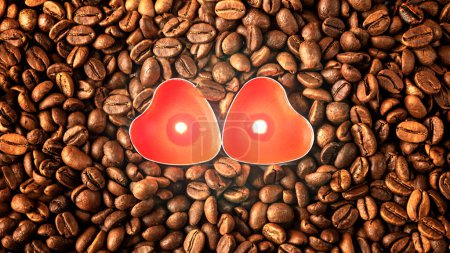 Téléchargez les photos : Les grains de café et deux bougies rouges brûlantes sous la forme d'un fond de coeur. Texture des grains de café, concept d'amoureux du café - en image libre de droit