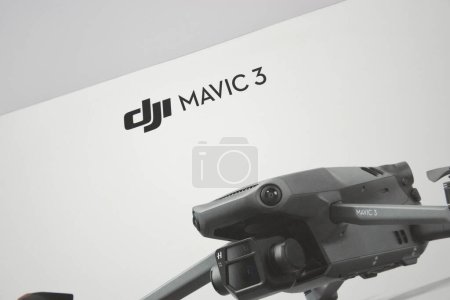 Photo for Kharkiv, Ukraine - September 12, 2022: A new DJI Mavic 3 drone on light background. - Royalty Free Image