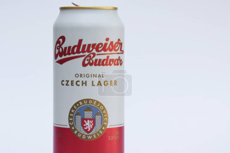 Foto de Una lata de cerveza Budweiser sobre un fondo claro. Budweiser checo. - Imagen libre de derechos