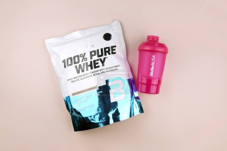 Photo for Kharkiv, Ukraine, September 09, 2023: Whey Protein Powder 100 Percent Pure Whey from BioTech USA. Sports nutrition concept. Sports, bodybuilding. - Royalty Free Image