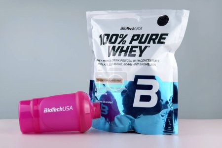 Photo for Kharkiv, Ukraine, September 09, 2023: Whey Protein Powder 100 Percent Pure Whey from BioTech USA. Sports nutrition concept. Sports, bodybuilding. - Royalty Free Image
