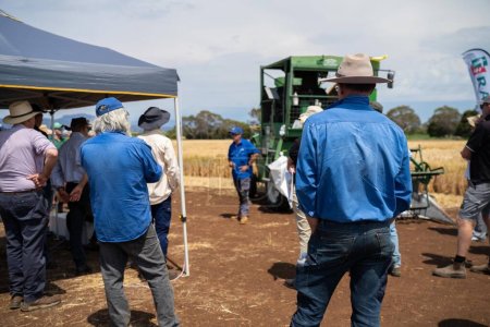 Foto de Grupo de agricultores en un campo que aprenden sobre los cultivos de trigo y cebada de un agrónomo con plantaciones de ensayo - Imagen libre de derechos