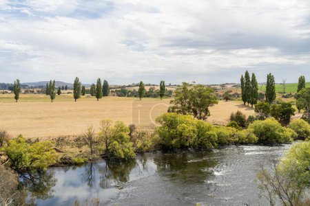 Der Fluss fließt im Sommer in der tasmanischen Wildnis an Ackerland vorbei. See mit Sandstrand und Bäumen 