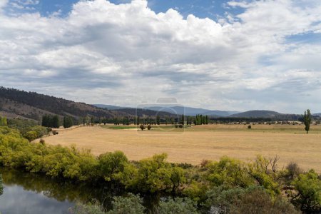 flowing river past farmland in summer, in the Tasmania wilderness. Lake with a Sandy beach and trees 