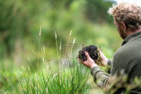 agriculteur Tenant le sol dans une main, se sentant compost dans un champ en Tasmanie Australie. spécialiste des sols en Australie
