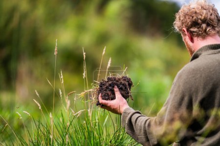 Foto de Científico australiano del suelo. agricultor orgánico regenerativo, tomando muestras de suelo y mirando el crecimiento de las plantas en una granja. practicar la sostenibilidad - Imagen libre de derechos