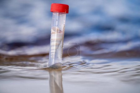 Test tube on the beach with a shell in it