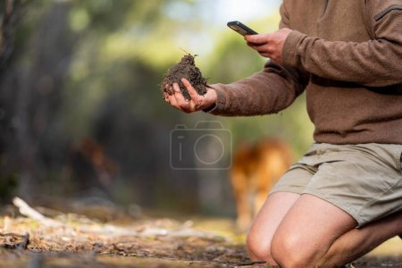 Photo for University student conducting research on forest health. farmer collecting soil samples in a test tube in a field. Agronomist checking soil carbon and plant health on a farm in australia in spring - Royalty Free Image