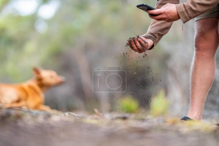 Photo for University student conducting research on forest health. farmer collecting soil samples in a test tube in a field. Agronomist checking soil carbon and plant health on a farm - Royalty Free Image