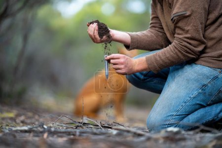 agricultor sosteniendo el suelo en la mano y vertiendo el suelo en el suelo. conectado con la tierra y el medio ambiente. agronomía del suelo en Australia. estudio de la breza del suelo