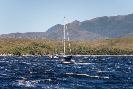 Photo for Yacht sailing on the horizon near the beach on the ocean ina  remote beautiful landscape, Tasmania, Australia - Royalty Free Image