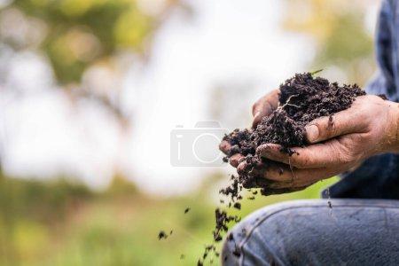 Landwirt, der auf einem Bauernhof den Kohlenstoff des Bodens in Amerika betrachtet