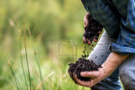 agricultor vistiendo camisa azul y jeans, agricultor sosteniendo tierra, haciendo pruebas de suelo en un laboratorio casero. Mirando la vida del suelo 