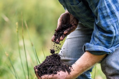 Téléchargez les photos : Agriculteur tenant de la terre sur ses mains sur une ferme s'occupant de la santé de la terre au printemps - en image libre de droit