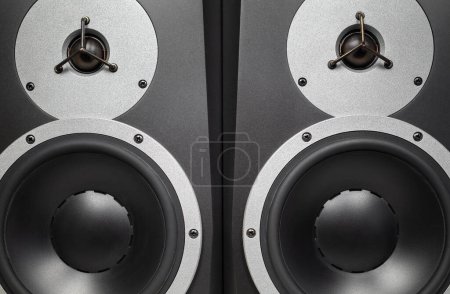 Two black audio speakers and studio monitors, musical equipment.