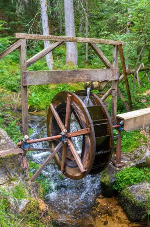 Téléchargez les photos : Une roue à eau sur le sentier forestier magique mène à 2,5 kilomètres à travers le paysage enchanté de la lande haute des Taubenmoos à Bernau, district d'Oberlehen, région de la Forêt-Noire en Allemagne. - en image libre de droit