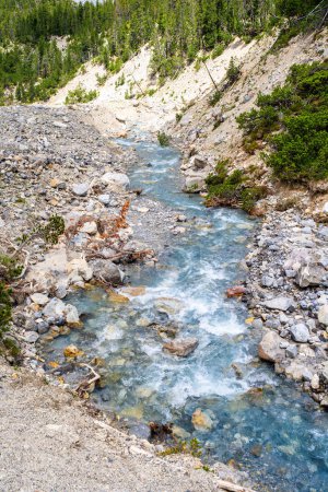 Foto de Paisaje fluvial y salvaje del Parque Nacional Suizo, famoso por su naturaleza virgen, situado en los Alpes de Rhaetia Occidental, en el este de Suiza. - Imagen libre de derechos