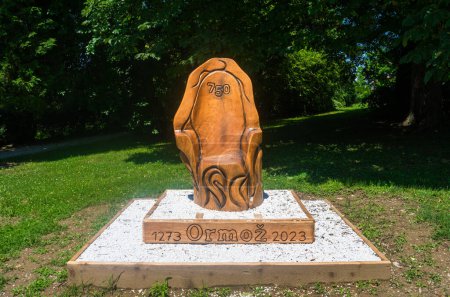 Photo for Ormoz, Slovenia - July 14, 2023: Wooden commemorative sculpture for the 750th anniversary of the town of Ormoz - Royalty Free Image