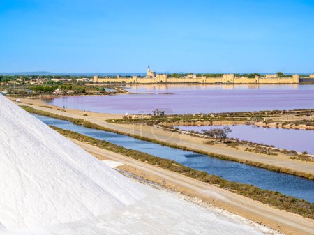 Téléchargez les photos : Le sel produit récemment dans les salines d'Aigues Mortes, en France, est transporté sur un tapis roulant au sommet d'un tas de sel, un soi-disant chameau ou pyramide. - en image libre de droit