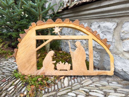 Wooden outdoor silhouette of Christmas nativity scene - cribs - Symbol of the birth of Jesus
