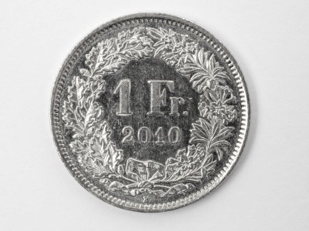 Close-up of a swiss one franc coin, white background, front side