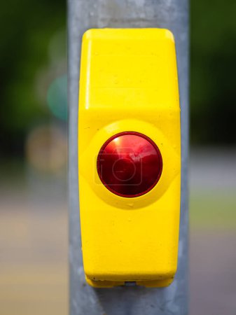 Primer plano de un vibrante botón de cruce peatonal amarillo con un centro circular rojo.
