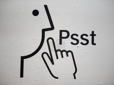 A minimalist black and white illustration of a face and hand gesturing for silence with the word Psst in bold letters.