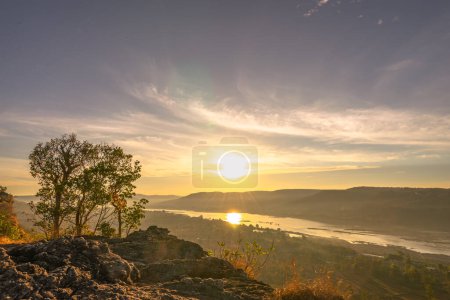 Photo for Beautiful natural scenic with green conservation forest along with the Mekong river in Thailand by the view from Pha Taem Hill parks. - Royalty Free Image