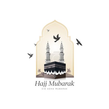 Eid Mubarak, Kaaba vector and minarets on Islamic shape design for hajj