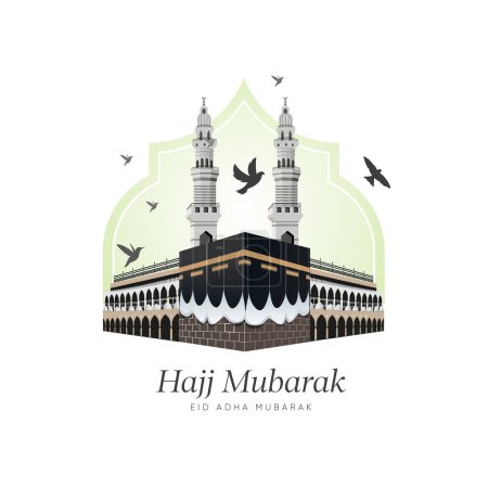 Ilustración de Eid Mubarak, vector Kaaba y minaretes sobre diseño de forma islámica para hajj - Imagen libre de derechos