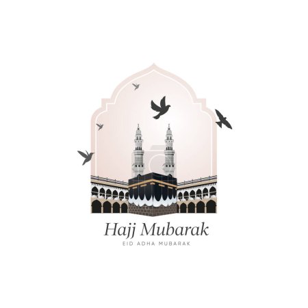 Téléchargez les illustrations : Aïd Moubarak, vecteur Kaaba et minarets sur la conception de forme islamique pour hajj - en licence libre de droit
