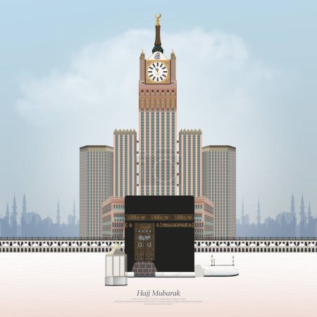 Kaaba vector for hajj and Grand Mosque Hotel, Clock Tower or Abraj Al Beit - Arabic Translations: (Eid Mubarak) and all Arabic text on Kaaba are verses from the holy Quran