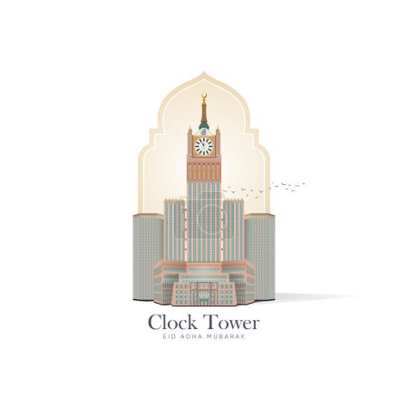 Téléchargez les illustrations : Tour de l'Horloge, Abraj Al Beit ou Grand Hôtel Mosquée, vecteur de conception pour l'Aïd Moubarak sur le design de forme islamique - Traductions Arabes : (dotation du roi Abdulaziz pour les deux Saintes Mosquées) - en licence libre de droit
